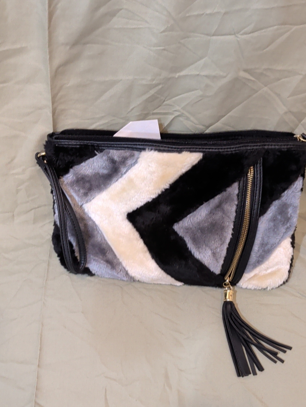 Chevron Plush Wristlet Clutch - Black, Gray & Cream